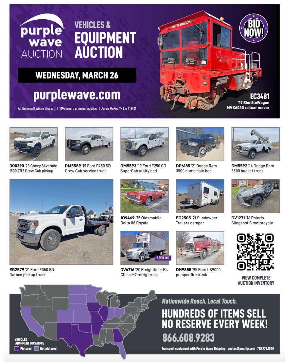 Big selection, no-reserves! On Wednesday, March 26, over 350 vehicles and equipment assets are up for grabs nationwide. Whether you're looking for work trucks, machinery, or utility vehicles, now’s your chance—bid today!
bit.ly/43Rye0c