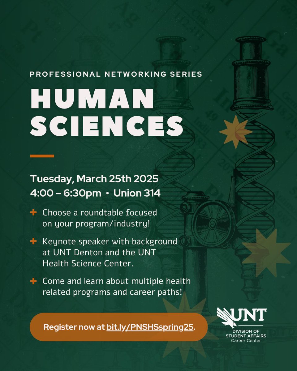 UNT Career Center (@untcareercenter) on Twitter photo PNS: Human Sciences is your chance to connect with employers, alumni, and mentors in industries dedicated to improving lives!
📅 March 25
⏰ 4 - 6:30 PM
📍 Union 314
Join us to learn about multiple health-related programs and career paths!
bit.ly/PNSHSspring25
<a href="/UNTHSC/">HSC Fort Worth</a> PNS: Human Sciences is your chance to connect with employers, alumni, and mentors in industries dedicated to improving lives!
📅 March 25
⏰ 4 - 6:30 PM
📍 Union 314
Join us to learn about multiple health-related programs and career paths!
bit.ly/PNSHSspring25
<a href="/UNTHSC/">HSC Fort Worth</a>