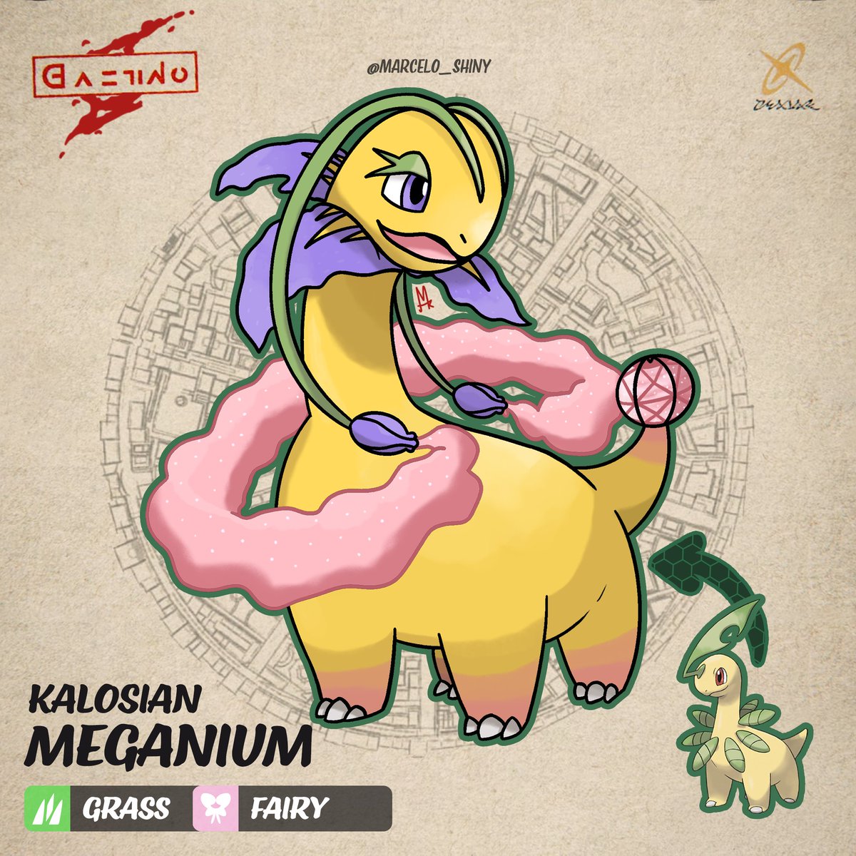 Introducing.... Kalosian Meganium!  

Type: Grass/Fairy

Category: Fragrance Pokémon  

On this thread, i'll share more about the concept and inspirations!  

#fakemon #PokemonLegendsZA #pokemonlegends #pokemon #kalosianmeganium #meganium