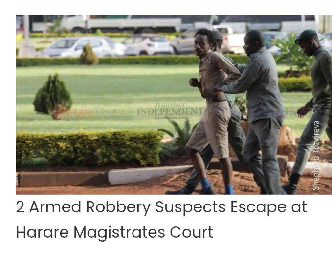 CrimeWatchZW's tweet photo. An armed inmate, Luke Zinyengerere, has staged a dramatic escape from the Zimbabwe Prisons and Correctional Services (ZPCS) officers at the Harare magistrate court.

In a dramatic escape reminiscent of Chidhumo and Masendeke, two armed robbery suspects fled from custody at the Harare Magistrates Court on Friday.
The two suspects made their move after one of them allegedly smuggled a gun into court.

2 Armed Robbery Suspects Escape at Harare Magistrates Court

According to an eyewitness, Luke Zinyengerere managed to sneak in a revolver, which he then used to threaten a Zimbabwe Prisons and Correctional Services (ZPCS) officer while prisoners were being escorted to a transport van. In a scene straight out of an action movie, Zinyengerere hijacked a passing motorist’s vehicle and sped off.

"Dai kusiri kutya pfuti murume uyuuu Tafadzwa Marondera haaaa anga agenda...paridzwa shot yechi4 murume azvambarara pasi, umwe wake achimhanyira mumota hijacked."

The second suspect, Tafadzwa Marondera, was caught immediately after attempting to flee by jumping over the court’s palisade fence.

Authorities are still searching for Zinyengerere following his daring escape.