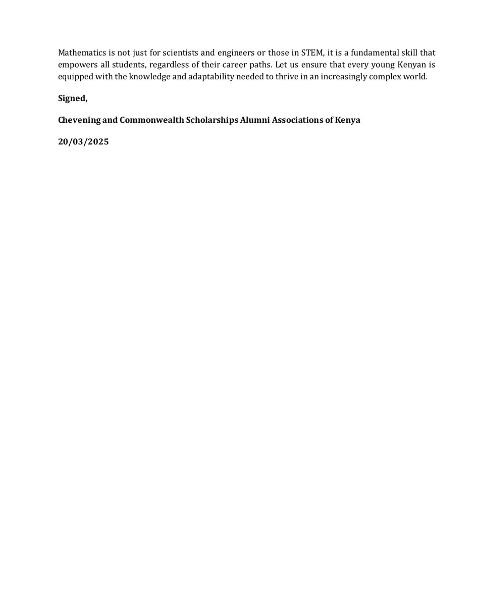 Chevening Alumni Network Kenya (@chevkenya) on Twitter photo The #CheveningAlumni association of Kenya in collaboration with #CommonealthScholarship Alumni have prepared a statement to the ministryof education with regards to suggestion on removal of Mathematics as a compulsorysubject. <a href="/FCDOGovUK/">Foreign, Commonwealth & Development Office</a> <a href="/CheveningFCDO/">Chevening Awards🇬🇧</a> <a href="/UKinKenya/">UK in Kenya 🇬🇧🇰🇪</a> <a href="/localhost_ke/">Triple O.</a> The #CheveningAlumni association of Kenya in collaboration with #CommonealthScholarship Alumni have prepared a statement to the ministryof education with regards to suggestion on removal of Mathematics as a compulsorysubject. <a href="/FCDOGovUK/">Foreign, Commonwealth & Development Office</a> <a href="/CheveningFCDO/">Chevening Awards🇬🇧</a> <a href="/UKinKenya/">UK in Kenya 🇬🇧🇰🇪</a> <a href="/localhost_ke/">Triple O.</a>