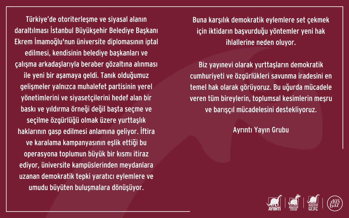 ayrintiyayinevi's tweet photo. Ayrıntı Yayın Grubu olarak yurttaşların demokratik cumhuriyeti ve özgürlükleri savunma iradesini en temel hak olarak görüyoruz. Bu uğurda mücadele veren tüm bireylerin, toplumsal kesimlerin meşru ve barışçıl mücadelesini destekliyoruz. https://t.co/LbXHzCMqIe