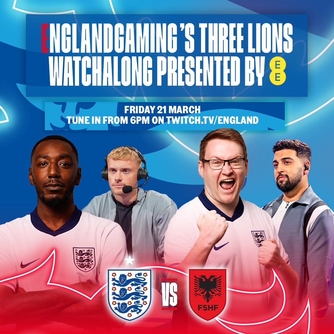 🚨 Introducing our Three Lions Watch Along Presented By <a href="/EE/">EE</a>! 🔥

🎮 EAFC &amp; Football Manager ✅
🎁 Giveaways ✅
🏟️ Live from 
<a href="/wembleystadium/">Wembley Stadium</a>
 ✅

Tune in now LIVE on the <a href="/England/">England</a> Twitch channel!  twitch.tv/England