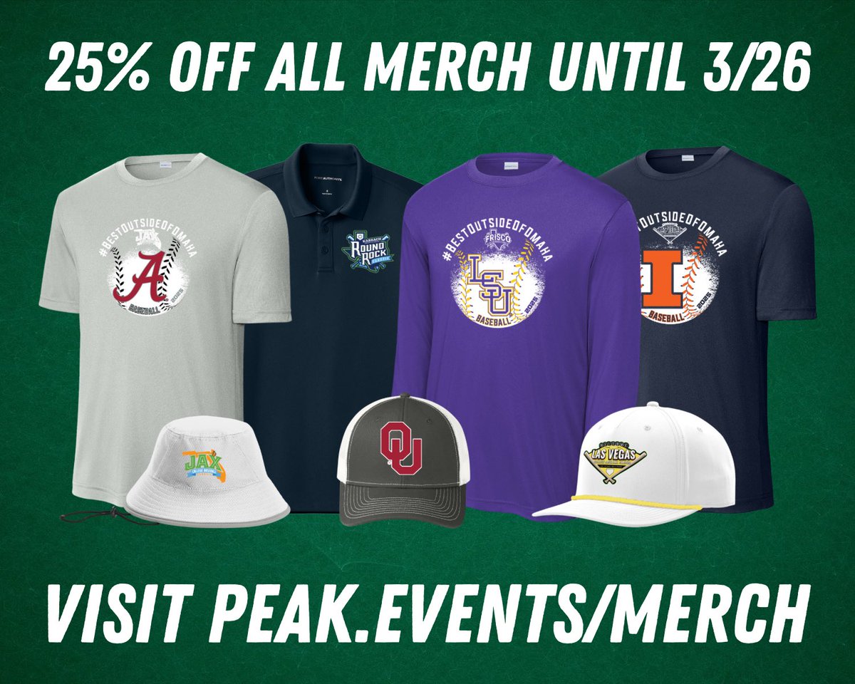 Spring is in the air and so are the savings! 🤑

All 2025 tournament merch is now 25% OFF until 3/26! Visit peak.events/merch to choose your event and get your merch today! 🛍️

Prices shown online are with discount already applied.