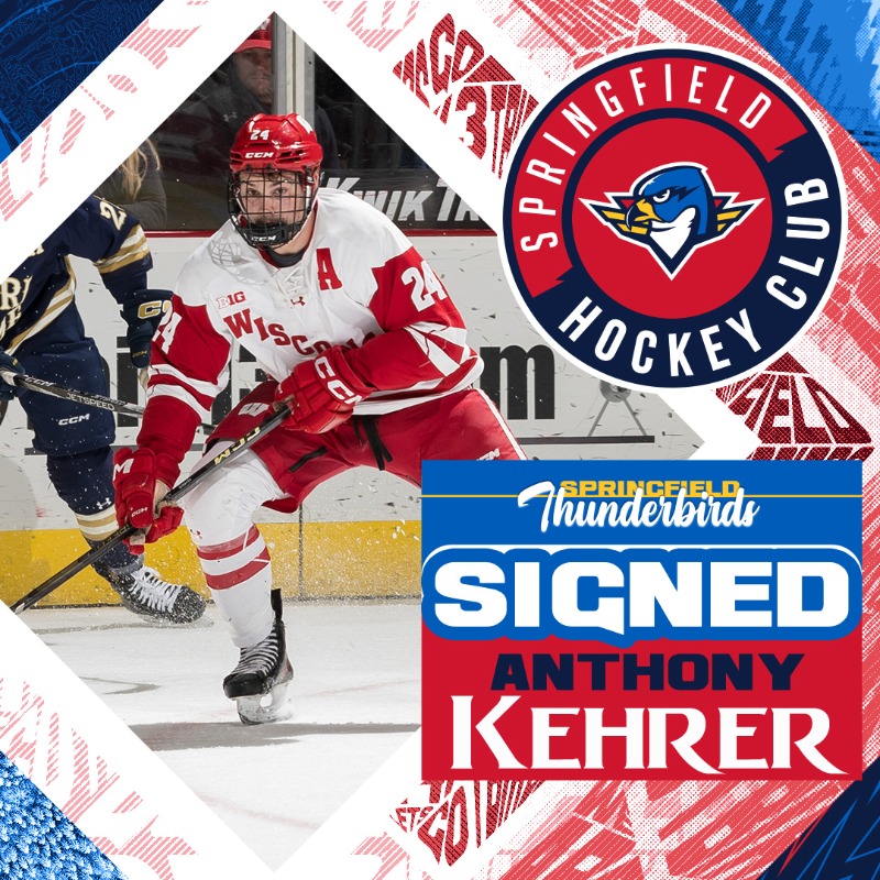 ThunderbirdsAHL's tweet photo. The Springfield Thunderbirds have signed defenseman Anthony Kehrer to an Amateur Tryout Contract for the remainder of the season! ✍️

Kehrer has also agreed to terms on a one-year AHL contract for the 2025-26 season.