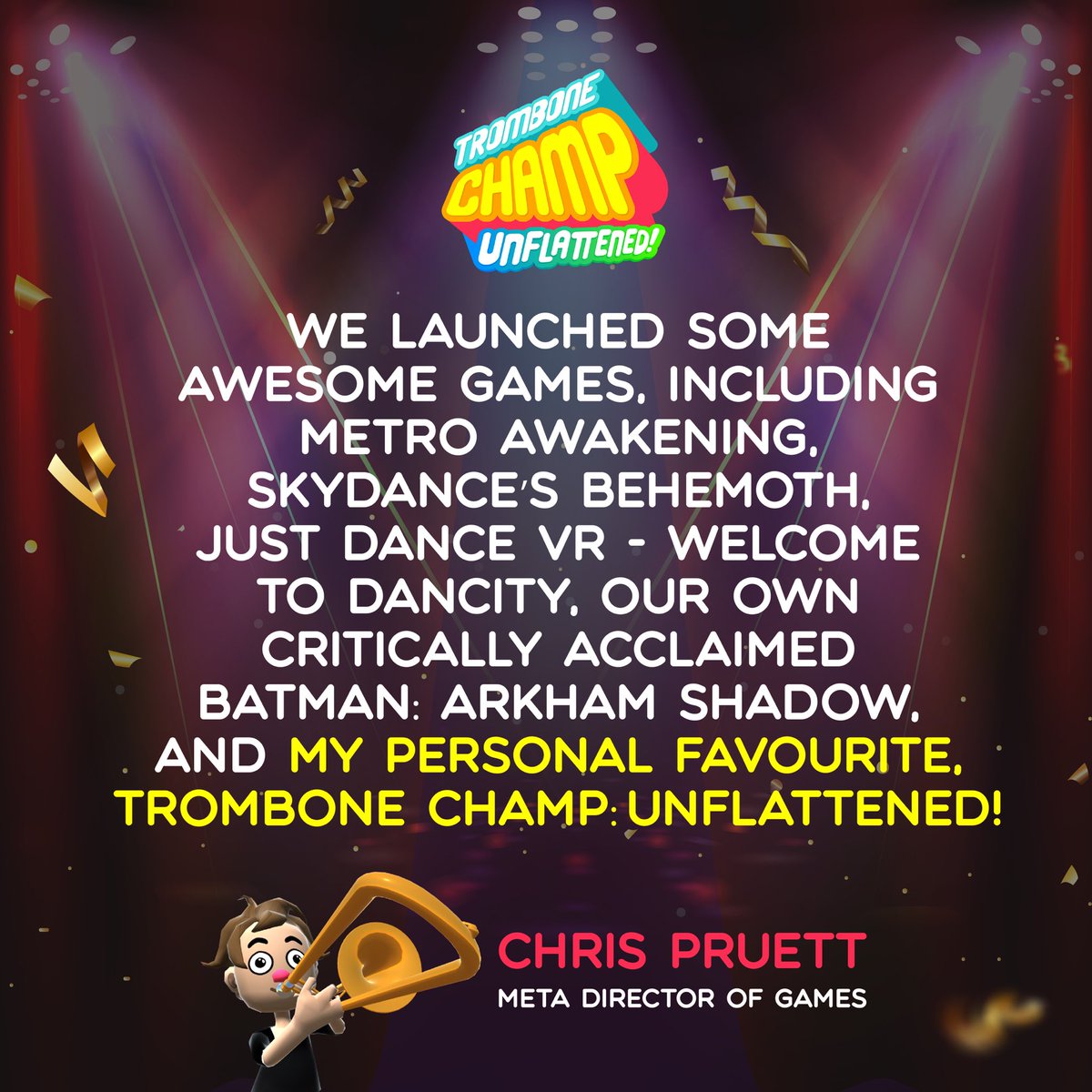 Trombone Champ: Unflattened (@trombonechampvr) on Twitter photo We were already riffing with excitement at the #GDC2025 Meta booth, but hearing <a href="/c_pruett/">Chris Pruett</a> name Trombone Champ: Unflattened his personal favorite? An absolute standing ovation moment for us. ππΊπ₯ We were already riffing with excitement at the #GDC2025 Meta booth, but hearing <a href="/c_pruett/">Chris Pruett</a> name Trombone Champ: Unflattened his personal favorite? An absolute standing ovation moment for us. ππΊπ₯