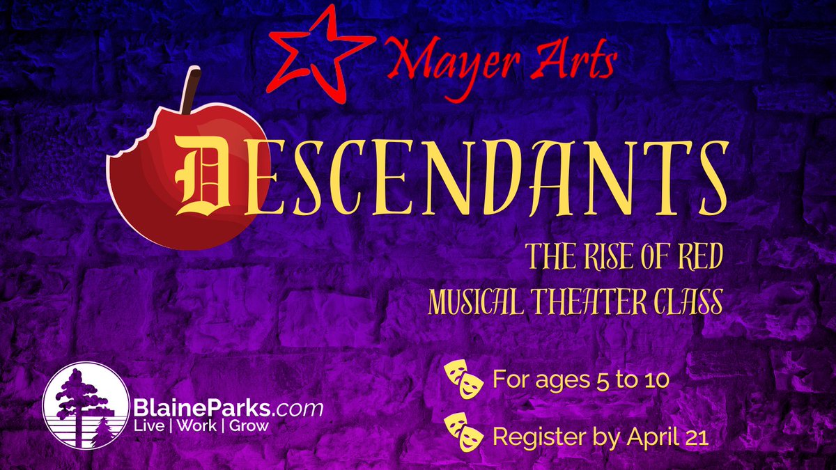 Get ready to sing, dance, and act! 
Kids ages 5-10 can take the stage in Descendants: The Rise of Red Musical Theater Class! Learn acting, singing, and dancing with Mayer Arts. 
🌟 Register by April 21 at BlaineMN.gov/Register