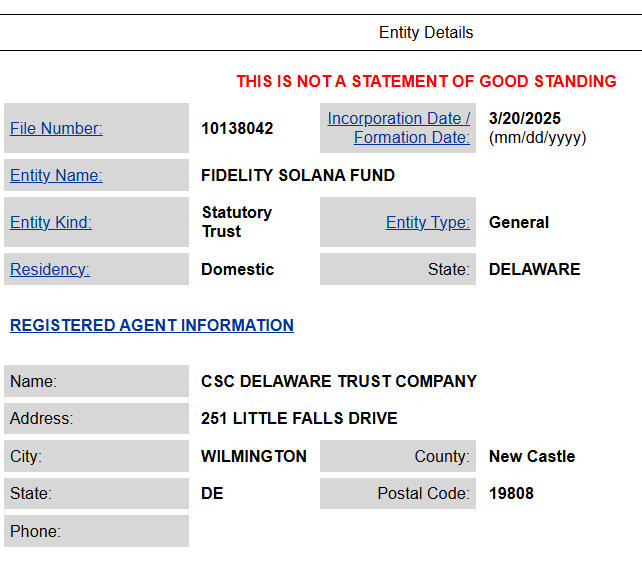 Official notes for a Fidelity Solana Fund