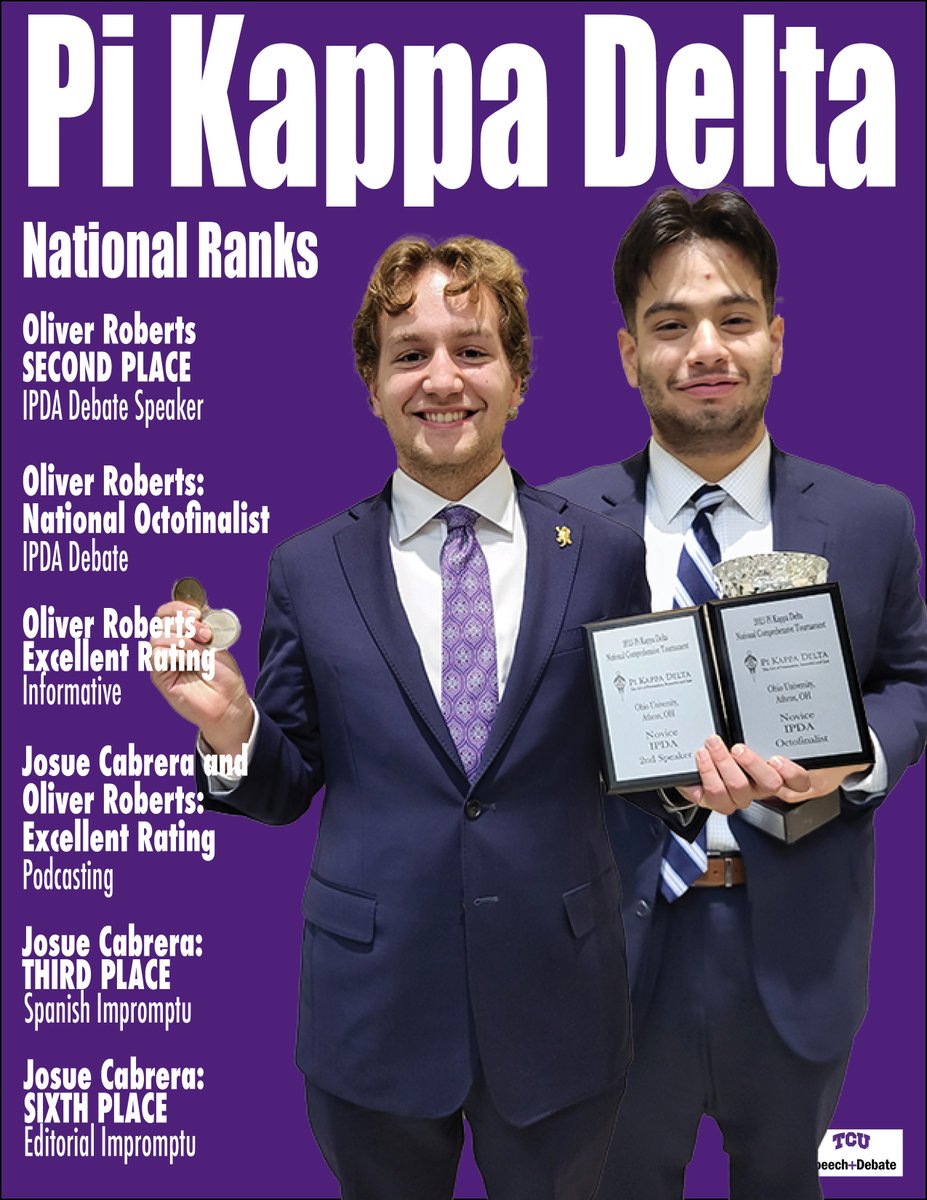 TCUSpeechDebate's tweet photo. TCU Speech &amp; Debate ended our 2024-2025 season with a sixth place national sweepstakes finish in debate. Go Frogs! https://t.co/twv2vB8ZwJ