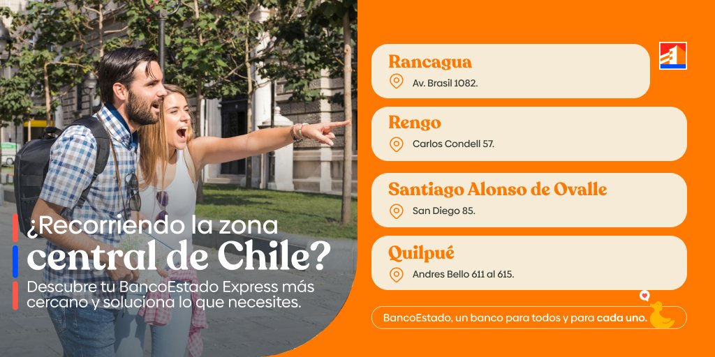 BancoEstado's tweet photo. Si necesitas reemplazar tu tarjeta de débito, visita #BancoEstadoExpress. Contamos con 120 oficinas en todo Chile, abiertas de lunes a viernes hasta las 19:00 hrs y los sábados hasta las 14:00 hrs. Encuentra la oficina más cercana aquí: https://t.co/bOtGrvKaYh 🏦 #BancoEstado https://t.co/6KWHpAWBEo