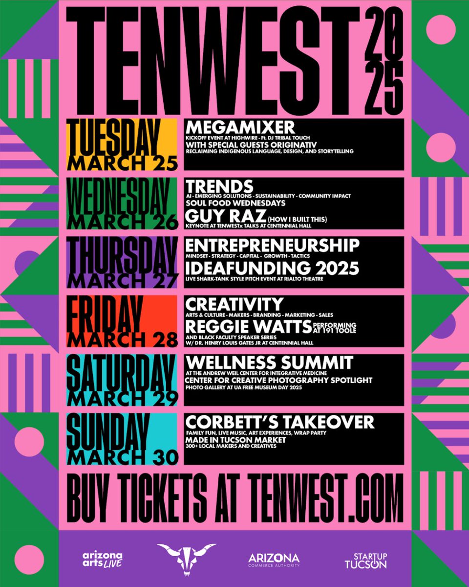 🚨 UA students! 🚨 Don’t miss your chance for FREE access to one day of the 2025 TENWEST conference, plus special events!

Connect, get inspired, and spark ideas with leaders in tech, entrepreneurship, and creativity.

Request a ticket by March 24th!
👉 bit.ly/4kLCR1W