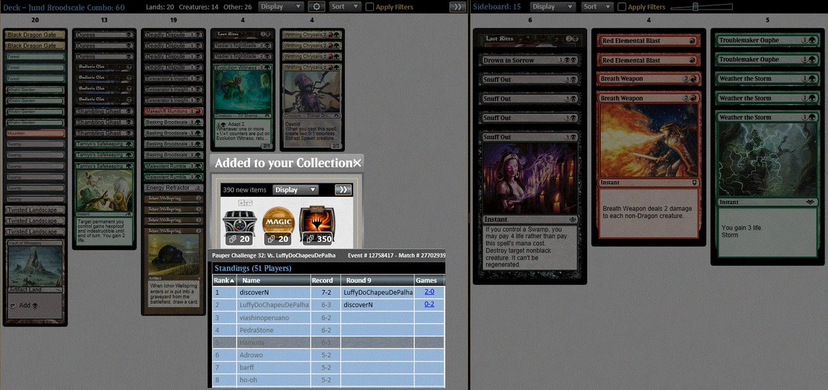 Top 8 Pauper Challenge with Jund Glee, face 0 mono red :D, bunch of mid range decks! Ended up losing a rematch against <a href="/GabrielLuffyDCP/">Gabriel Mota</a> .
<a href="/fireshoes/">Robert Taylor🔥</a>