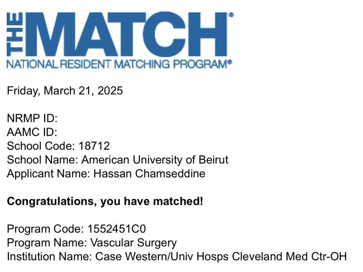 Hassan Chamseddine (@chamseddine0) on Twitter photo Excited to be joining <a href="/UHVascular/">UH Vascular Surgery</a> for my vascular surgery residency🩸. Grateful for the support of my family, friends, and mentors from <a href="/AUB_Lebanon/">American University of Beirut</a> @HFHSurgery.
#Match2025 <a href="/FutureVascSurgn/">FutureVascSurgeons</a> Excited to be joining <a href="/UHVascular/">UH Vascular Surgery</a> for my vascular surgery residency🩸. Grateful for the support of my family, friends, and mentors from <a href="/AUB_Lebanon/">American University of Beirut</a> @HFHSurgery.
#Match2025 <a href="/FutureVascSurgn/">FutureVascSurgeons</a>