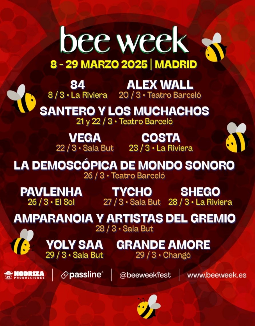 Hoy continúa el <a href="/BeeWeekFest/">Bee Week 🐝</a> con <a href="/SanteroyM/">Santero y Los Muchachos</a> en el <a href="/TeatroBarcelo/">Teatro Barceló</a> y mañana <a href="/VEGAOFICIAL/">Vega</a> en la <a href="/SalaBut/">BUTMADRID</a>.

Muy pronto <a href="/shegomanda/">𝑠ℎ𝑒𝑔𝑜</a> en <a href="/LaRivieraSala/">Sala La Riviera</a>, la demoscópicas de <a href="/mondo_sonoro/">Mondo Sonoro</a>, <a href="/Grande_Amore_OG/">Grande Amore</a> y muchos más!!

Entradas en passline.com

By #nodrizaproducciones