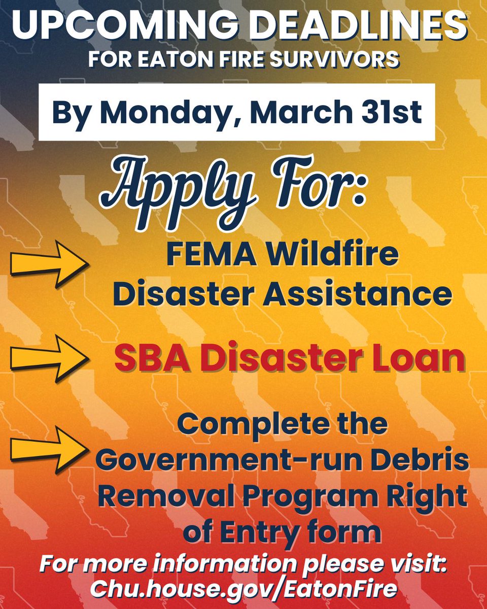 Judy Chu (@repjudychu) on Twitter photo Ten days left to make sure you and those you know who have been affected by the Eaton Fire have applied for federal relief:
1. FEMA Individual Assistance disasterassistance.gov
2. SBA Disaster Loan 
lending.sba.gov
3. Debris Removal Program Right of Entry form Ten days left to make sure you and those you know who have been affected by the Eaton Fire have applied for federal relief:
1. FEMA Individual Assistance disasterassistance.gov
2. SBA Disaster Loan 
lending.sba.gov
3. Debris Removal Program Right of Entry form