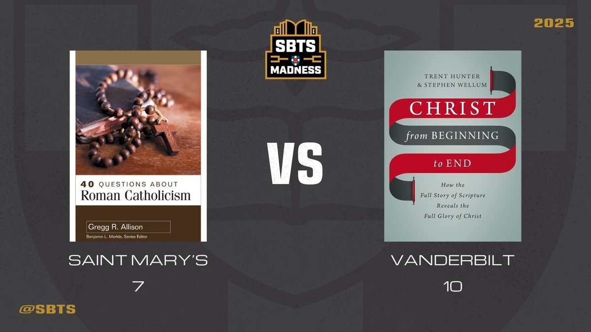 SBTS's tweet image. This matchup? A slam dunk for your library.

Another SBTS Madness Giveaway Matchup:
• Christ from Beginning to End by Wellum — @Zondervan
• 40 Questions about Roman Catholicism by Allison — @KregelAcademic

Repost to enter this giveaway.
Enter the full Faculty Library Giveaway:…
