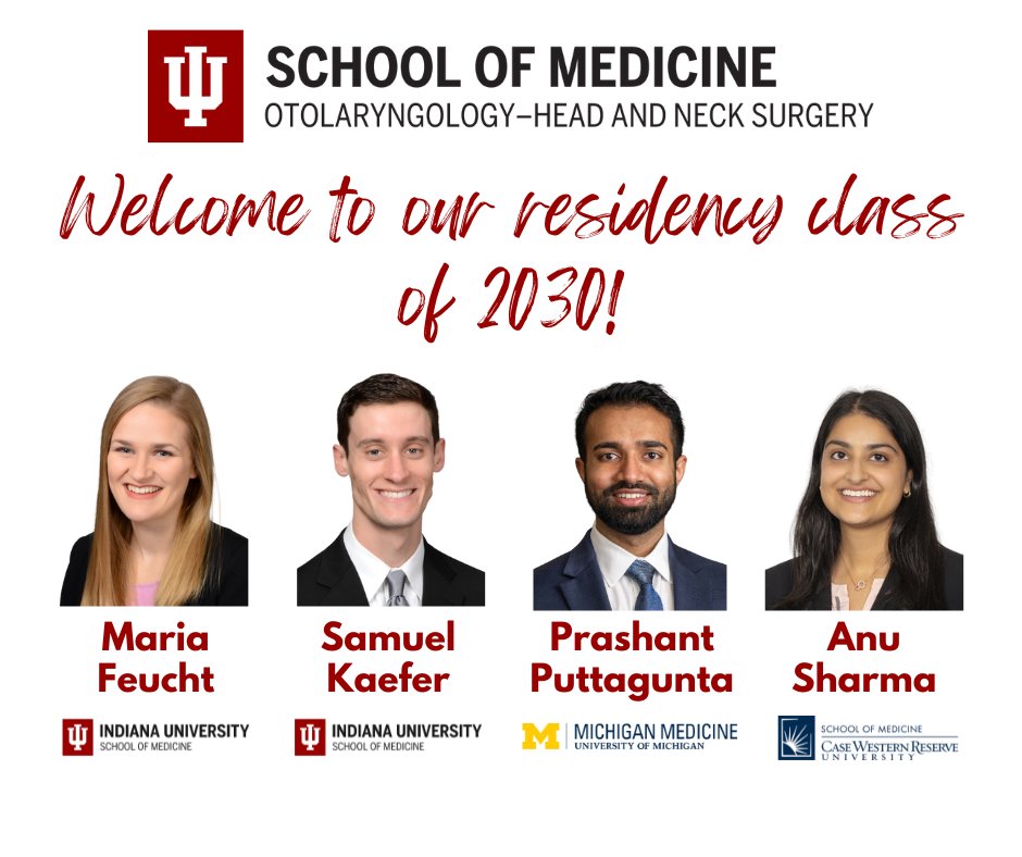IUSM Otolaryngology—Head & Neck Surgery (@iusm_oto) on Twitter photo We are thrilled to welcome these 4 new residents to our department - Congratulations to all who matched!👏👏👏
We look forward to working with you <a href="/IUMedSchool/">IU School of Medicine</a> and seeing all you will accomplish!
#MatchDay2025
#IUOtolaryngology We are thrilled to welcome these 4 new residents to our department - Congratulations to all who matched!👏👏👏
We look forward to working with you <a href="/IUMedSchool/">IU School of Medicine</a> and seeing all you will accomplish!
#MatchDay2025
#IUOtolaryngology