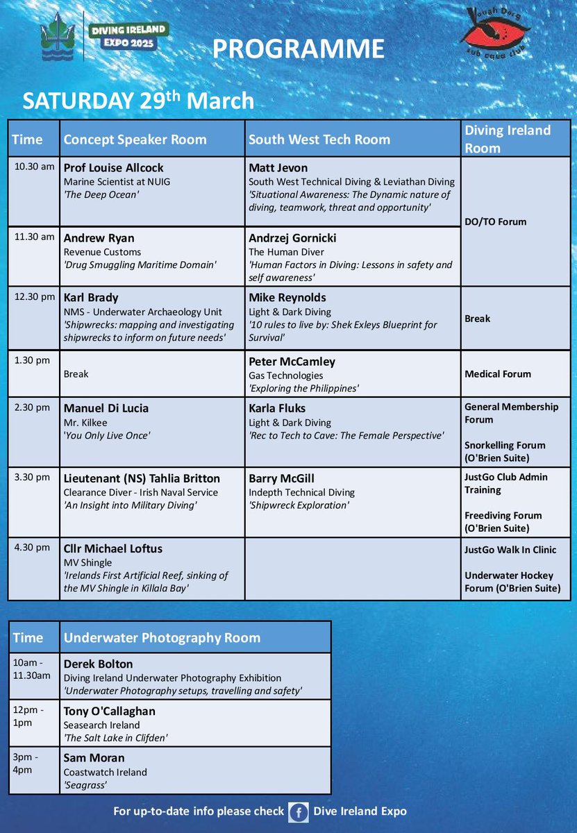 DiveIrelandExpo's tweet photo. Updated programme showing all talks in the Main Speaker Room (Sponsored by Concept Signs), South West Tech Room and Underwater Photography Room, as well as the Diving Ireland Room and PADI Forum. https://t.co/Dd3Qxphzqh https://t.co/EPrvb9U1Ku