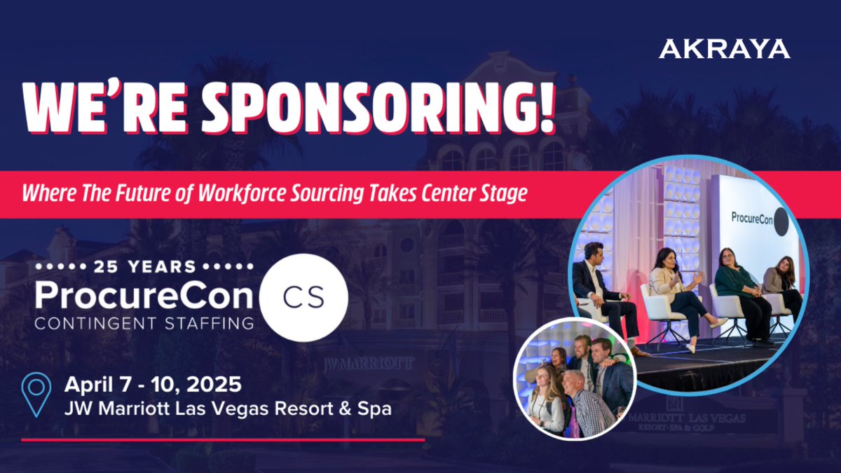 Akraya's tweet image. ProcureCon US Contingent Staffing 2025 is almost here! @Akraya is sponsoring this key industry event in Vegas (April 7-10). Connect with peers! #ProcureConCS #ProcureCon2025 #WorkforceStrategy