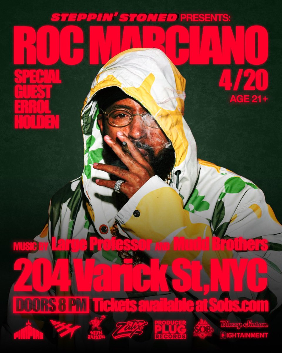 4/20 STEPPIN’ STONED Presents: <a href="/rocmarci/">ROC MARCI</a> w/ Special Guest <a href="/ErrolHolden__/">Errol Holden</a> LIVE at <a href="/SOBsNYC/">SOBsNYC</a> <a href="/SOBs/">SOBs</a> | Music By <a href="/largeprofessor/">Large Professor</a> | Salutes <a href="/SethZaplin/">#ZAPLIN</a> | 🎫: sobs.com/events/roc-mar…