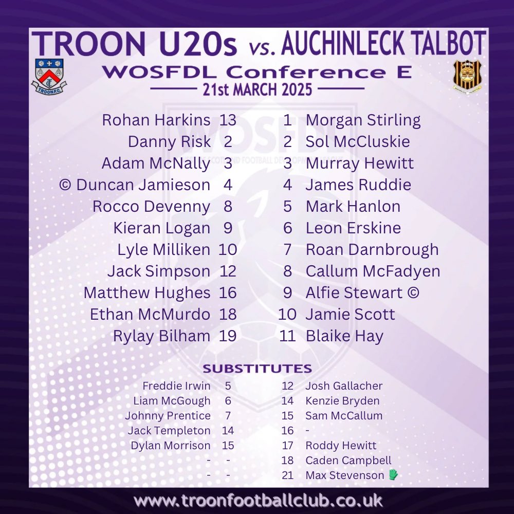 🚨 𝗧𝗘𝗔𝗠 𝗡𝗘𝗪𝗦 🚨

📋🔢 The team news for both teams ahead of tonight’s <a href="/OfficialWoSFDL/">West of Scotland Football Development League</a> Conference E clash at <a href="/KilwinningSC/">KilwinningSportsClub</a> !

<a href="/TroonFCOfficial/">Troon Football Club</a> U20s 🆚 <a href="/TalbotU20s/">Auchinleck Talbot U20s</a>

🔷 #𝙈𝙤𝙣𝙏𝙝𝙚𝙏𝙧𝙤𝙤𝙣 🔷