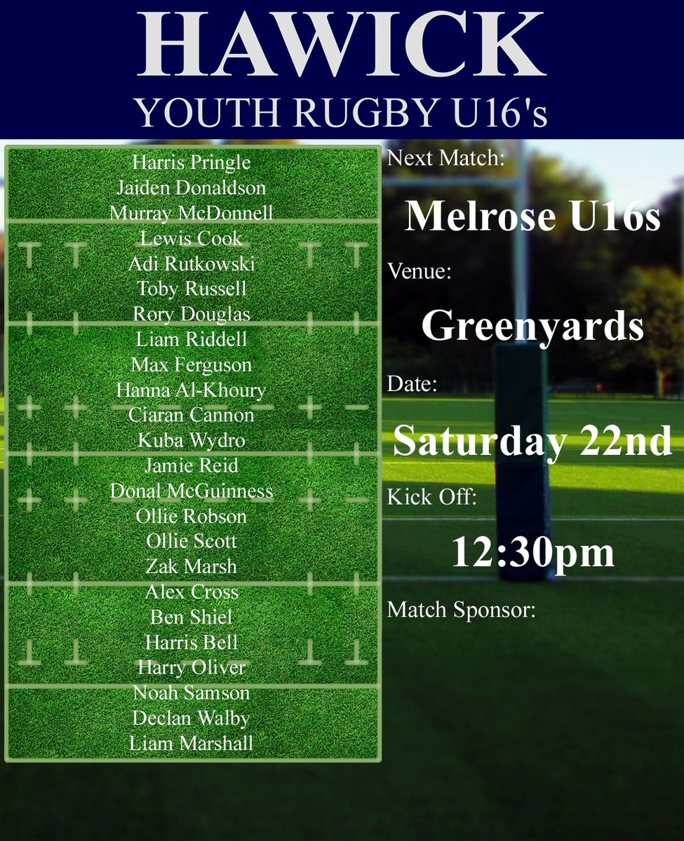 Squad for tomorrows U16s East Region Plate Final.
Best of luck lads, go well 💪🏉💚
#HawickYouthRugby #BIHB #AONR