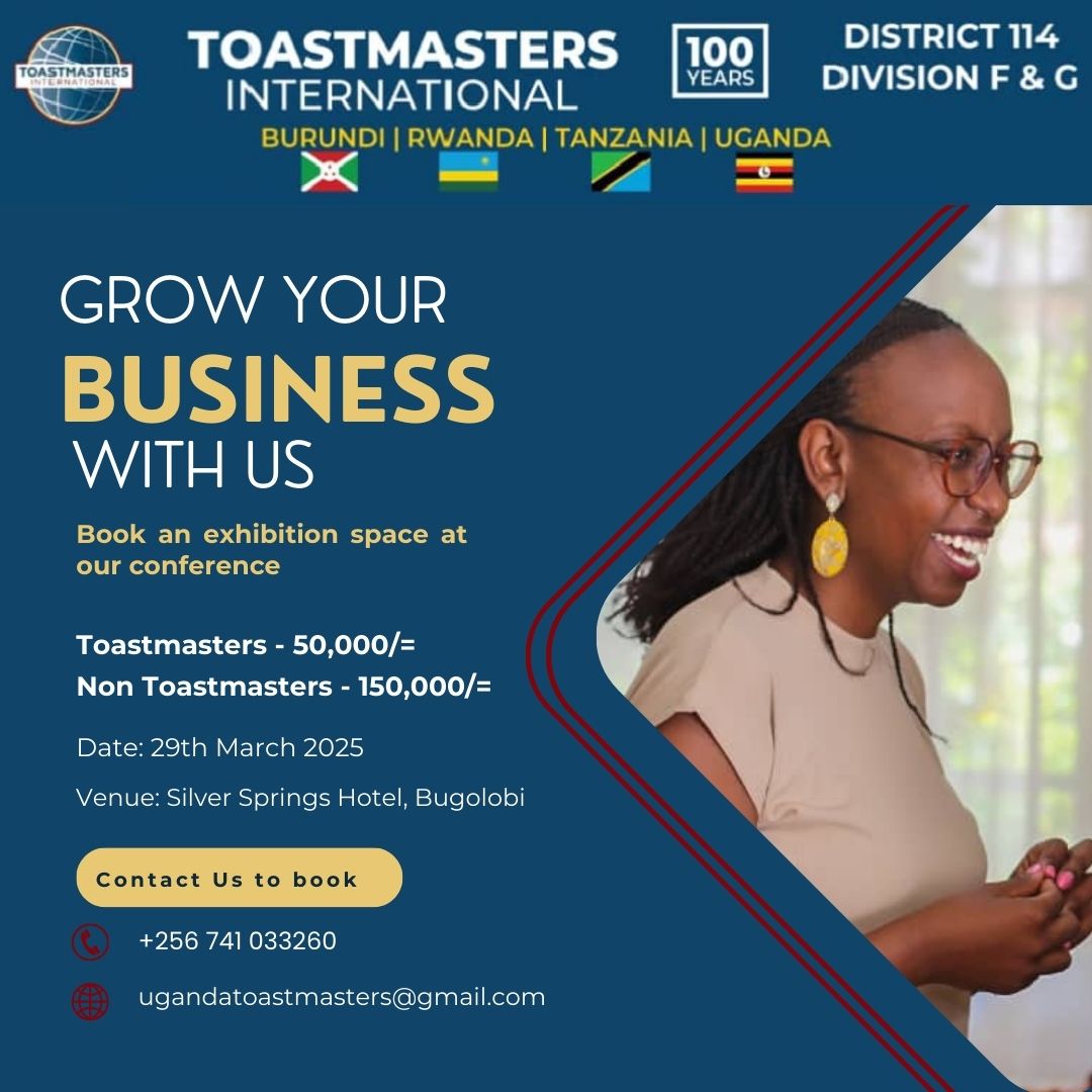Elevate Your Brand at the Division F&amp;G Toastmasters Conference.

Connect with hundreds of passionate communicators at the upcoming Division F&amp;G Toastmasters Conference on Saturday 29th March 2025 at Silver Springs Hotel, Bugolobi.