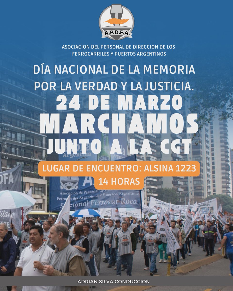 Este Lunes 24 de Marzo, APDFA marcha a Plaza de Mayo junto a la CGT, en el Dia Nacional de la Memoria por la Verdad y la Justicia.
Nos encontramos en la calle Alsina 1223 a las 14 hs.
#24M #MemoriaVerdadYJusticia
<a href="/ApdfaAdrian/">Silva Adrian Apdfa</a> <a href="/ApdfaListaGris/">APDFA LISTA GRIS</a> <a href="/APDFApuertosOK/">APDFA Ferroportuarios</a> <a href="/Apdfaturismo/">Apdfa Turismo</a> <a href="/JApdfa/">Juventud Sindical Apdfa</a>