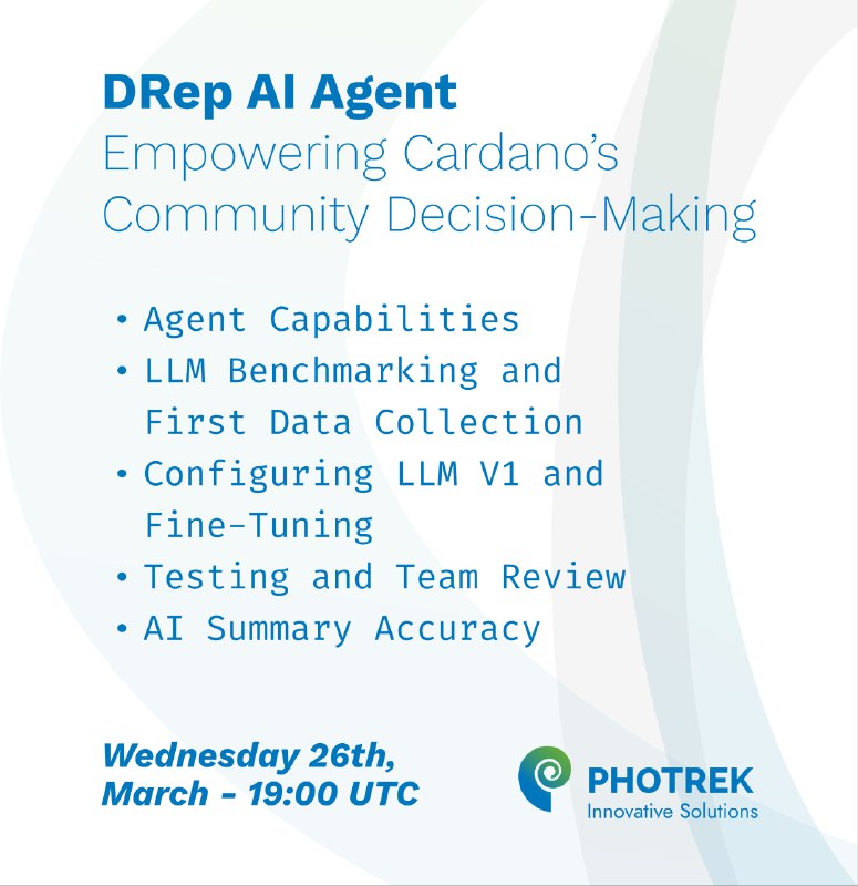 📢Upcoming space: <a href="/PHOTREK_LLC/">Photrek, LLC</a> team will be sharing last updates on the "DRep AI Agent" and gathering community feedback on <a href="/Cardano/">Cardano Community</a> DReps needs and priorities

🗓️ Wednesday 26th, March
⏱️19:00 UTC 

Don't miss your chance on shaping Cardano's Decentralized Governance 🎙️