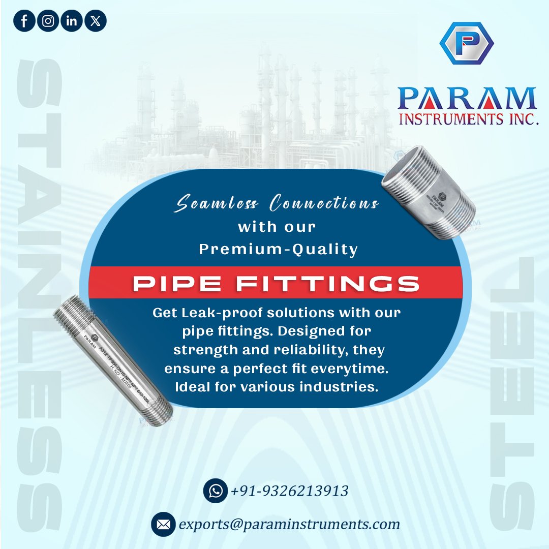 Param Instruments Inc. (@param_inc_) on Twitter photo A pipe barrel nipple is a cylindrical pipe fitting with male threads used in plumbing, industrial, and HVAC systems for secure, leak-free connections between pipes, fittings, valves, or equipment.
Email: exports@paraminstruments.com
WhatsApp: +919326213913
#Industrial #India #cnc A pipe barrel nipple is a cylindrical pipe fitting with male threads used in plumbing, industrial, and HVAC systems for secure, leak-free connections between pipes, fittings, valves, or equipment.
Email: exports@paraminstruments.com
WhatsApp: +919326213913
#Industrial #India #cnc