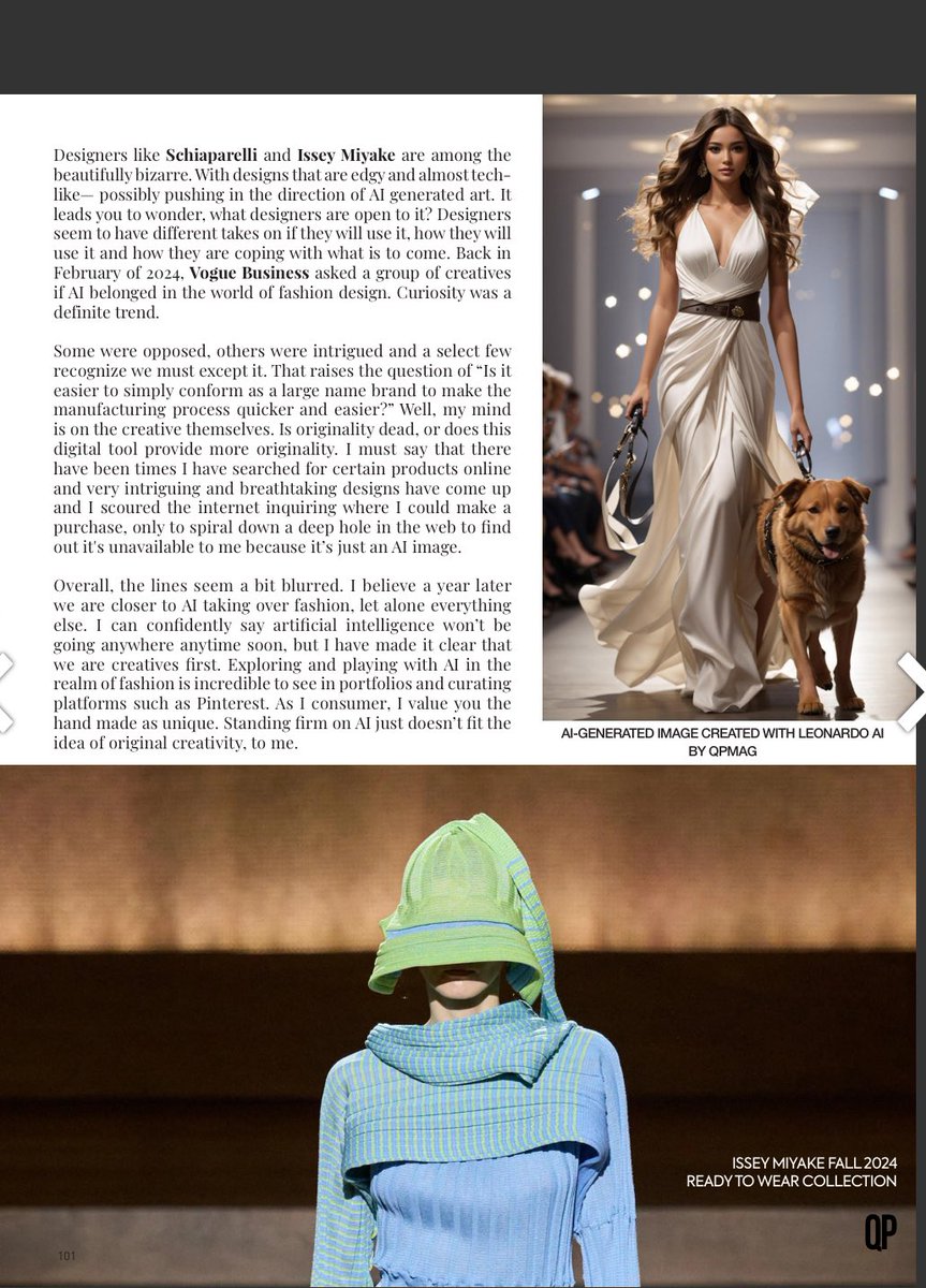 I recently wrote a piece for <a href="/QPmag/">QPmag</a> ✨ Fashion x AI is a topic that I’ve wanted to explore for a long time. It’s complex, it’s intriguing and frankly it’s the future. What a privilege— I cannot wait to write more! / #fashion #journalism #writing