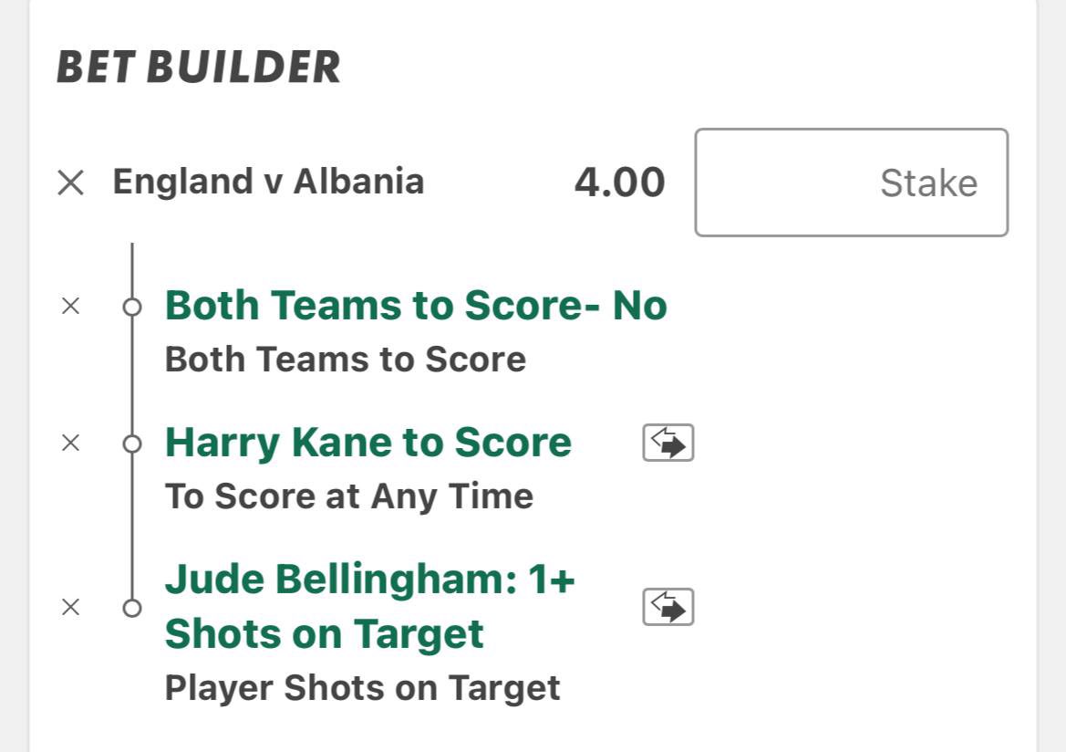 🏴󠁧󠁢󠁥󠁮󠁧󠁿England v Albania 

📊Bet Builder 

♥️LIKE If you’re joining!

🔗 t.me/+kmVJW78cxNo3M…
