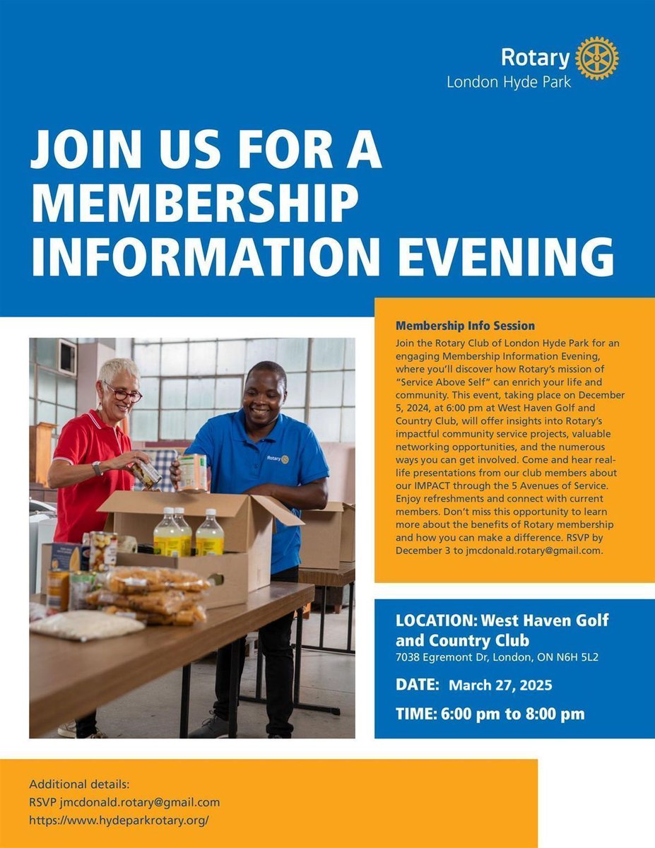 Join Us for a Membership Information Evening! 
Discover how Rotary’s mission of "Service Above Self" can enrich both your life and our community.

📅 March 27, 2024
⏰ 6:00 - 8:00 PM
📍 West Haven Golf &amp; Country Club, London
💌 RSVP by March 25

#Rotary #ServiceAboveSelf #LDNOnt