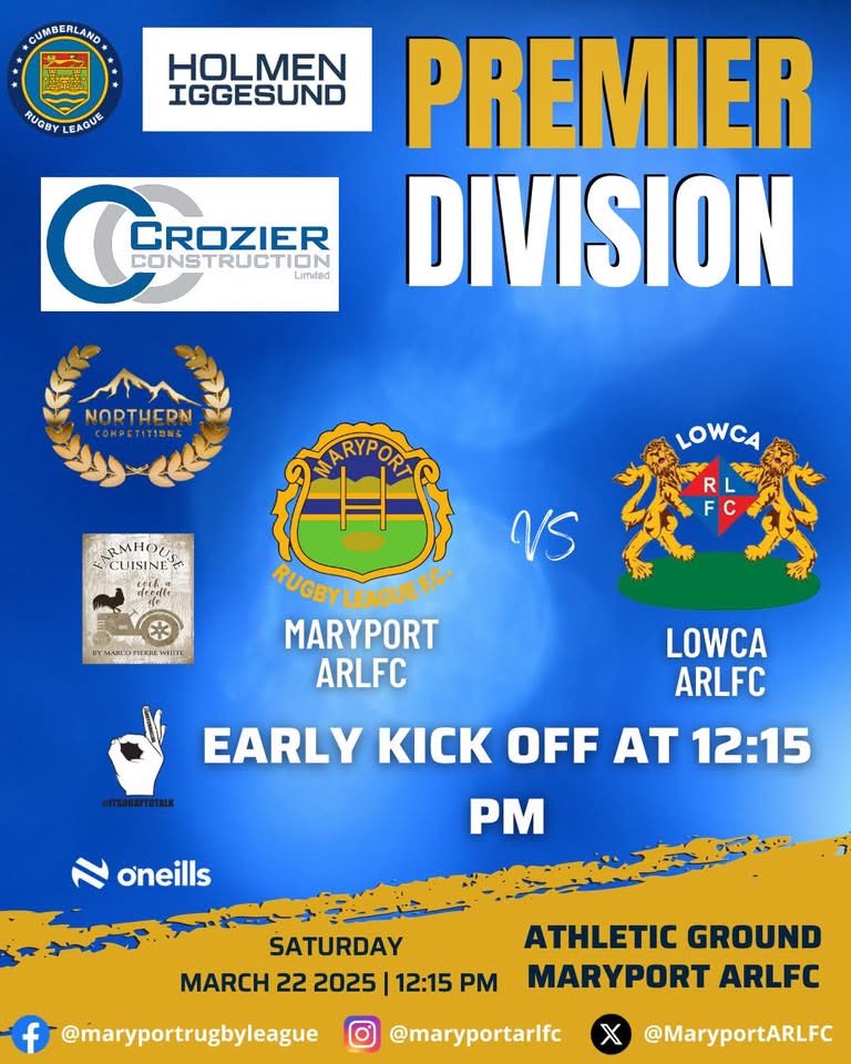 Maryport ARLFC (@maryportarlfc) on Twitter photo Please note earlier kick off time of 12:15pm
Please repost
<a href="/WorkingtonTown/">Workington Town</a> <a href="/bbccumbriasport/">BBC Sport Cumbria</a> <a href="/newsstarsport/">News & Star Sport</a> <a href="/RlCumbria55291/">Cumbria RL News</a> <a href="/13proamrl/">13 Pro-Am Community RL</a> <a href="/timesandstar/">Times & Star</a> <a href="/OfficialHavenRl/">Whitehaven Rugby League</a> <a href="/CumbriaCrack/">Cumbria Crack</a> Please note earlier kick off time of 12:15pm
Please repost
<a href="/WorkingtonTown/">Workington Town</a> <a href="/bbccumbriasport/">BBC Sport Cumbria</a> <a href="/newsstarsport/">News & Star Sport</a> <a href="/RlCumbria55291/">Cumbria RL News</a> <a href="/13proamrl/">13 Pro-Am Community RL</a> <a href="/timesandstar/">Times & Star</a> <a href="/OfficialHavenRl/">Whitehaven Rugby League</a> <a href="/CumbriaCrack/">Cumbria Crack</a>