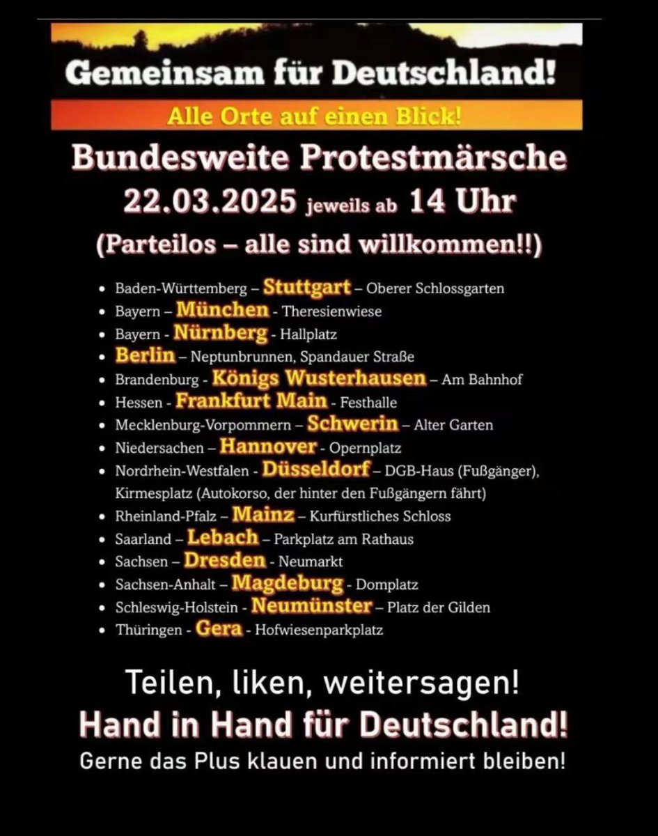 Arsch hoch, Deutschland!
👉 Hand in Hand für unser Land – jetzt erst recht‼️

Deutschland demonstriert gegen den Wahnsinn 
Steht auf, Selbstdenker und Patrioten!

Es ist fünf nach zwölf und die Frage ist: 
Bleibt ihr sitzen oder zeigt ihr, wer der Souverän ist?

Während die