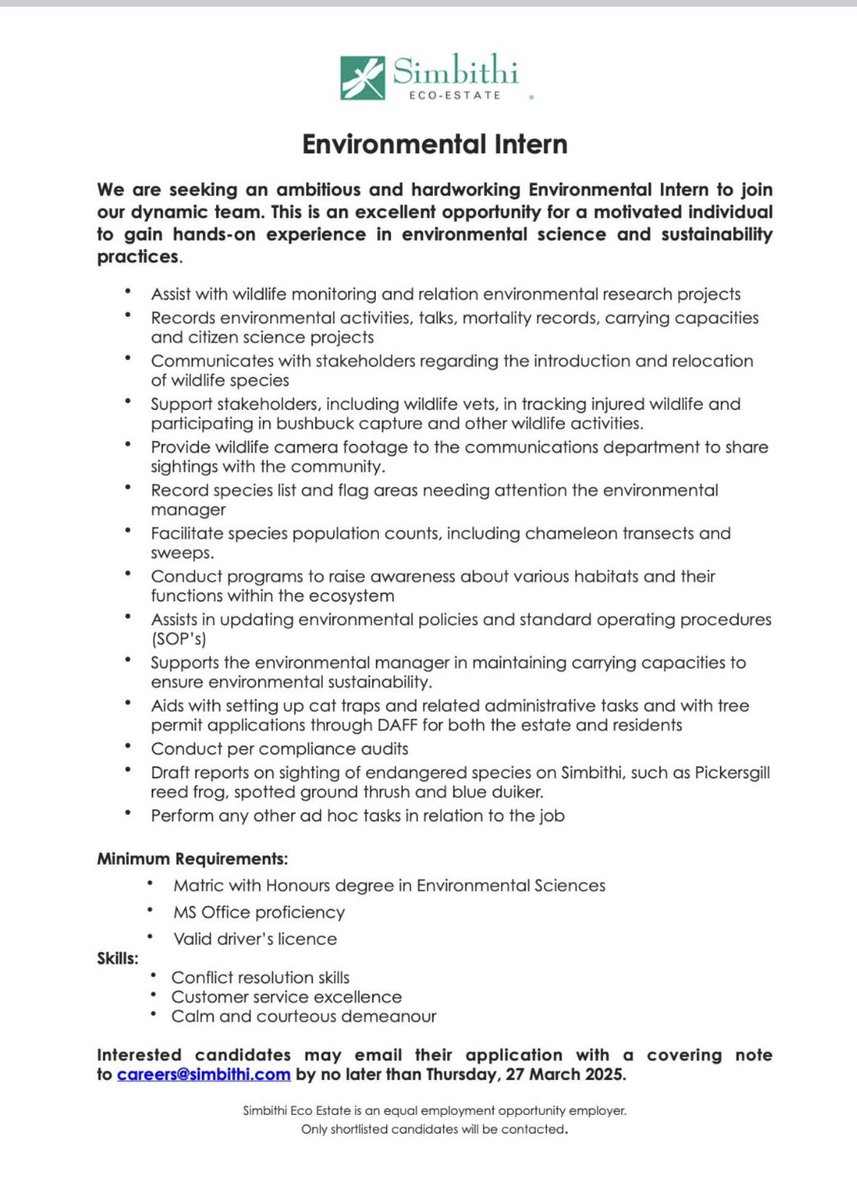 sofia forss (@forsssofia) on Twitter photo For all my South African Colleagues - Do you know anyone with honors in environmental science/ wildlife management looking for a position 👇🏼<a href="/SimbithiEco/">SimbithiEcoEstate</a> <a href="/UrbanVervet/">Urban Vervet Project</a> For all my South African Colleagues - Do you know anyone with honors in environmental science/ wildlife management looking for a position 👇🏼<a href="/SimbithiEco/">SimbithiEcoEstate</a> <a href="/UrbanVervet/">Urban Vervet Project</a>