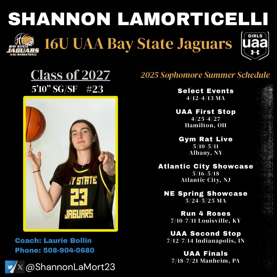 Shannon LaMorticelli (@shannonlamort23) on Twitter photo Excited to get to work this spring with my <a href="/BayStateJags/">Bay State Jaguars</a> 16U UAA National team! Here’s my season schedule ⏰<a href="/LaurieBollin/">LAURIE BOLLIN</a> Excited to get to work this spring with my <a href="/BayStateJags/">Bay State Jaguars</a> 16U UAA National team! Here’s my season schedule ⏰<a href="/LaurieBollin/">LAURIE BOLLIN</a>