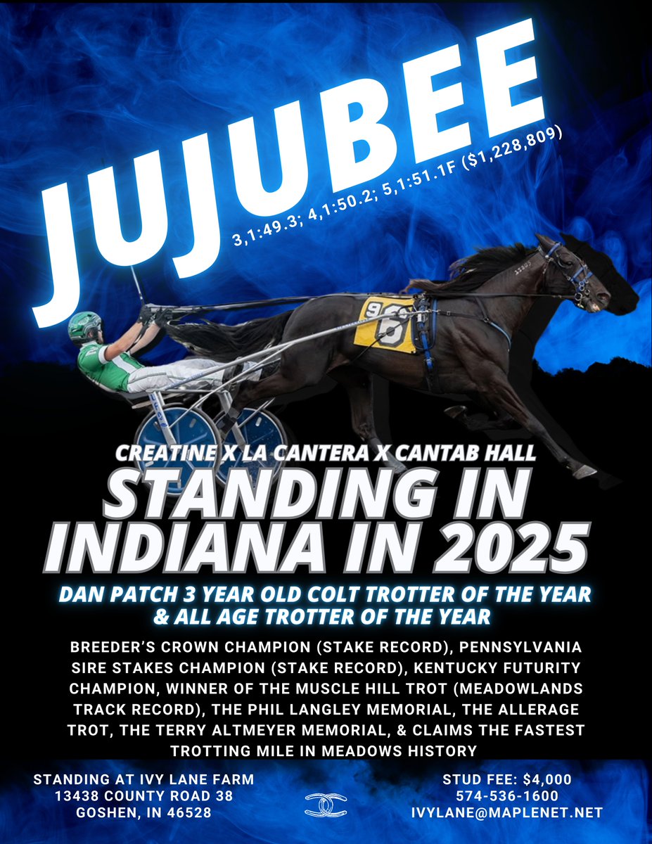 Jujubee Breeding Auction on onGAIT to benefit Hunter Myers' Family, donated by Greg Wright Jr.

View Listing - JUJUBEE BREEDING - onGait
Auction closes Monday, March 24 12:15PM.

Fun Fact: Hunter Myers and Jujubee hold the All-Age Trotting record at The Meadows, set during Adios