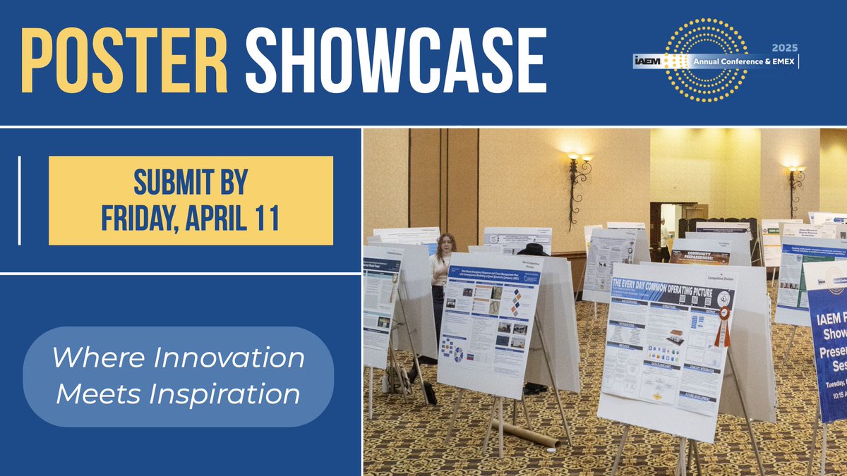 iaem's tweet image. Your research, practice, or general findings deserve to take center stage at this year's Poster Showcase!

Submit by April 11: loom.ly/9WdjjgQ 
#IAEM #PosterShowcase #EmergencyManagement #EMGTwitter