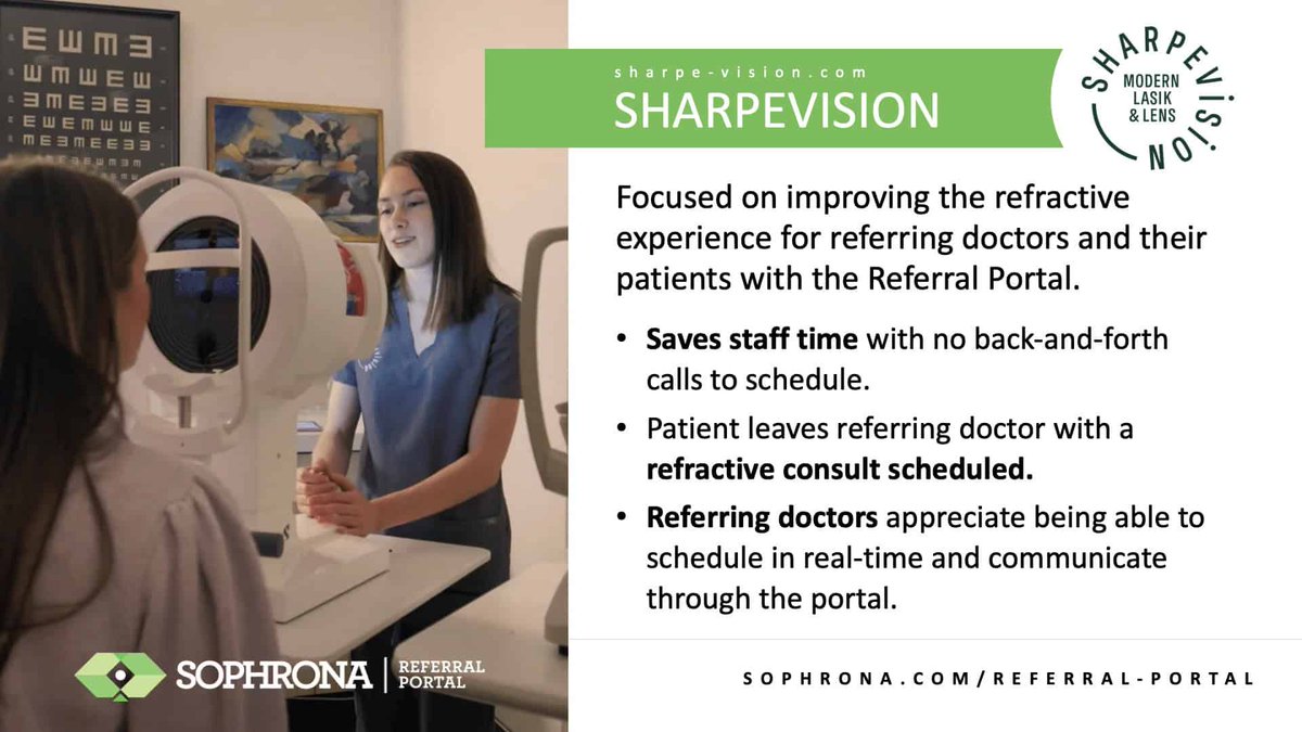 EyeSophrona's tweet photo. SharpeVision is known for staying ahead of the curve—and that includes how they handle referrals. With Sophrona’s Referral Portal, referring doctors love it, the practice loves it, and referred patient gets in quicker. For more info: https://t.co/FZTQGiXhIc https://t.co/b6PfqQ956S