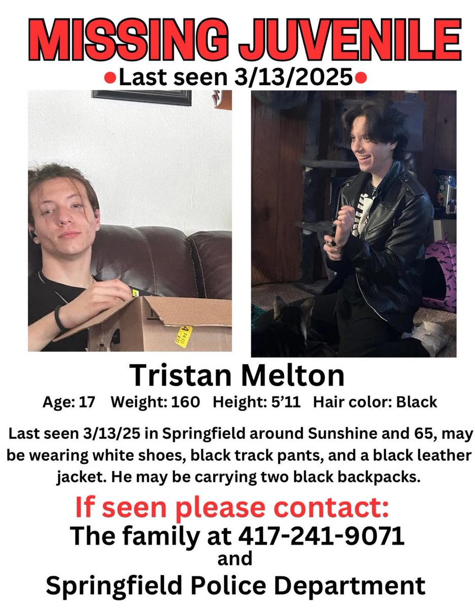 GlendalePtsa's tweet photo. Glendale Falcons, one of our own is missing.  Please be on the lookout for Tristan Melton! Contact his family or the  Springfield Police Department with any information. https://t.co/gK3m6bIIet