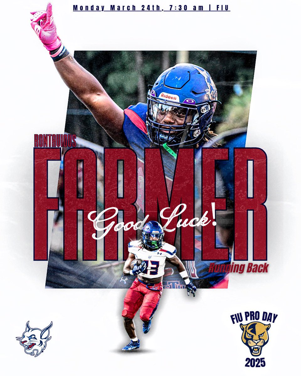 STU Football (@stu_football) on Twitter photo Good luck to Rontavious Farmer as he will participate in Florida Internationals pro day!
#RaiseTheStandard // #STUFootball Good luck to Rontavious Farmer as he will participate in Florida Internationals pro day!
#RaiseTheStandard // #STUFootball