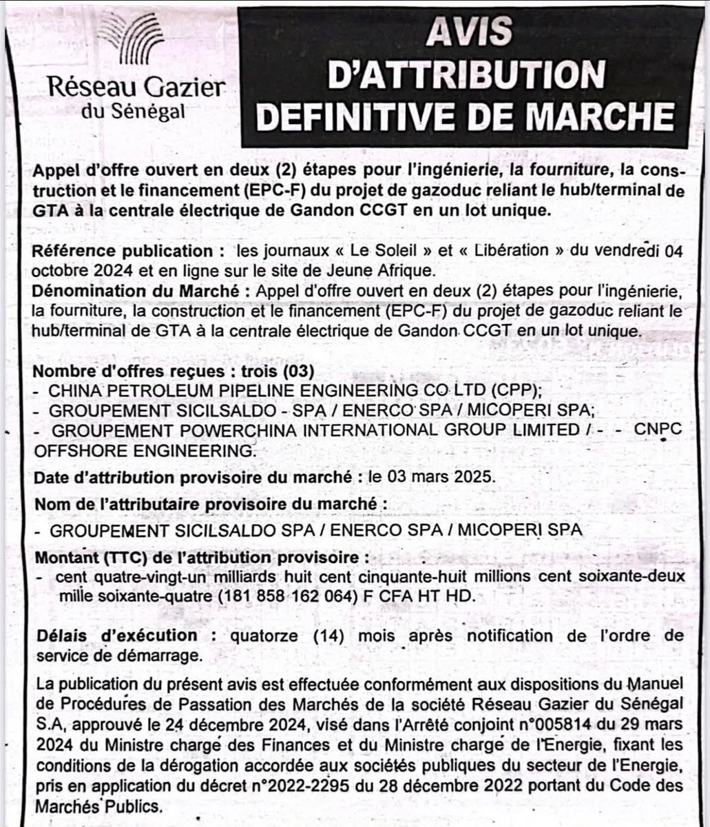 Un énorme milestone vient d'être atteint avec ce marché pour la construction du pipeline pour acheminer le gaz à la Centrale de Gandon. Le Gas To Power prend forme et le décollage économique du pays avec. Si on arrive à un coût kwh à moins de 40 FCA, tout change dans le bon sens