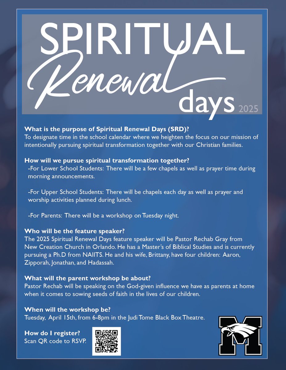 Get ready for an incredible week! Our Spiritual Renewal Days are coming up April 14-17. SRD is a time of spiritual formation w/ daily chapels, staff devotions, &amp; an insightful Parent Workshop, focused on nurturing faith in the home. Register w/ this link: 
form.jotform.com/250713663948162