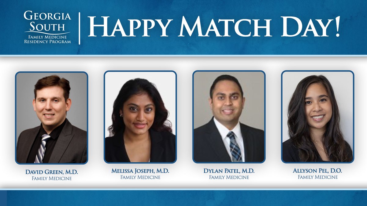 It's a Match! We are happy to announce our class of 2028 includes David Green, M.D., Melissa Joseph, M.D., Dylan Patel, M.D., and Allyson Pel, D.O.! These residents will be joining Georgia South Family Medicine in June!

#GME #MatchDay #FamilyMedicine #FamilyMedicineResidents