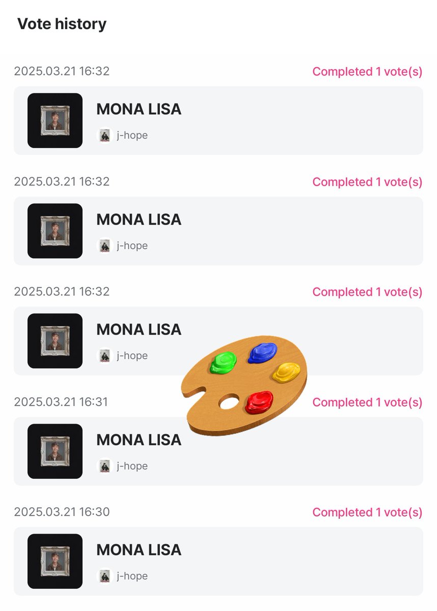 🐿️ • VOTAÇÃO ATIVA! ARMYs, ‘Mona Lisa’ está participando da votação do M COUNTDOWN e está atualmente em #1, não deixem de VOTAR e COMPARTILHAR 👇🏽

🗓️Fim: 24/03
🕒: 11h59 🇧🇷
🔗: mnetplus.onelink.me/TRa8/94wr5mku?…

• 5 votos por dia/conta

VOTE FOR MONA LISA ON MCOUNTDOWN 
#jhope_MONALISA