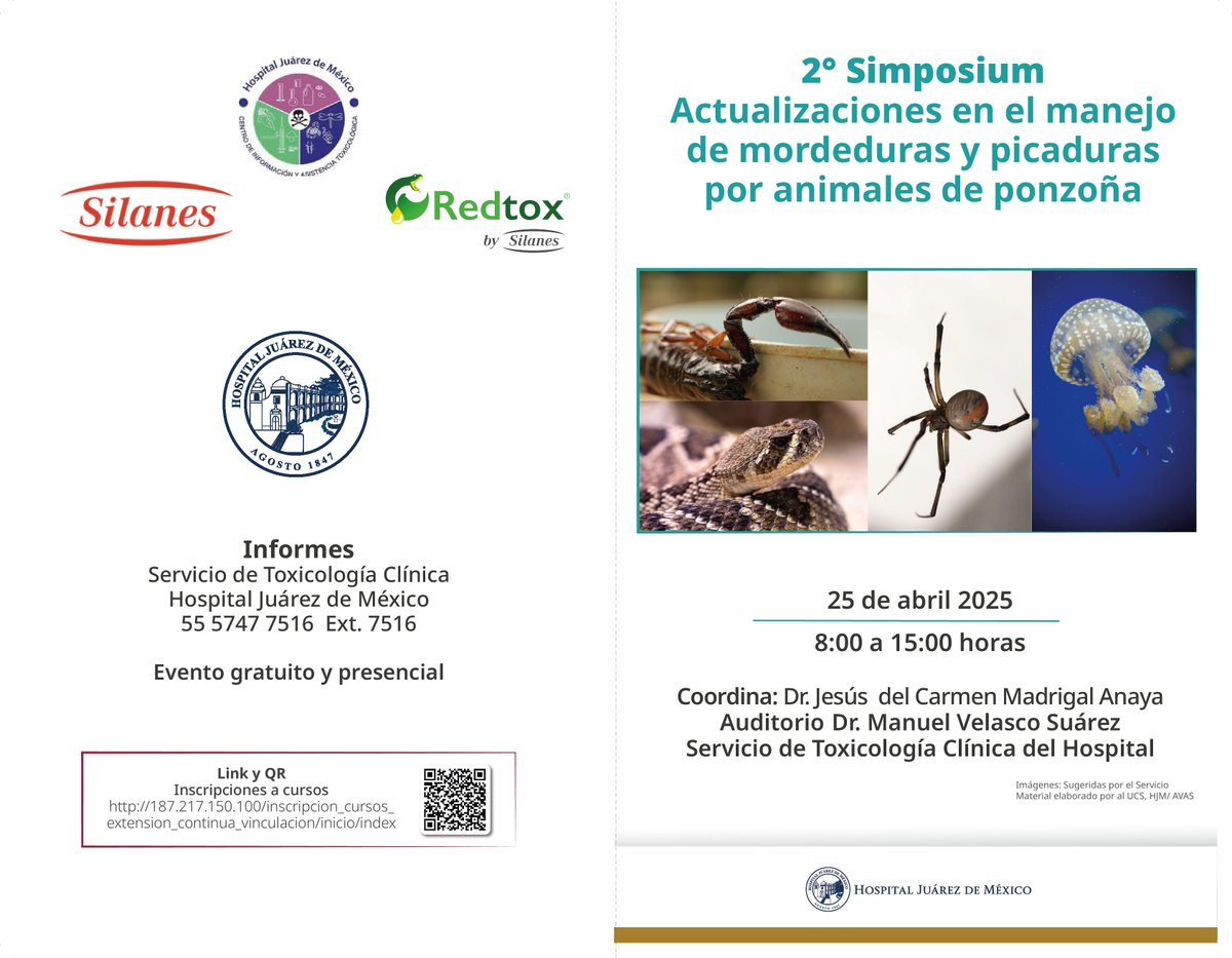 HospitalJuarezM's tweet photo. Te invitamos al 2° #Simposium Actualizaciones en el manejo de mordeduras y picaduras por animales de ponzoña. Inscríbete en el QR. Te compartimos el Programa. Mayores informes: 55 5747 7560 ext 7516 https://t.co/6SX3klx5QZ