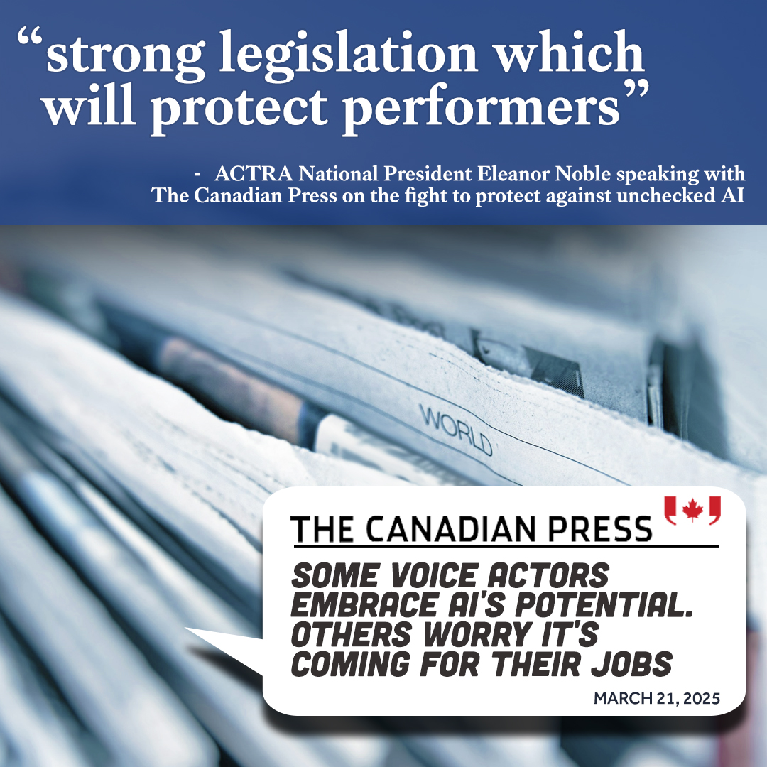 ACTRA National (@actranational) on Twitter photo The fight to protect performers from the growing threat of unchecked AI is just beginning.
<a href="/actrapresident/">@ACTRApresident</a> talked to <a href="/CanadianPress/">The Canadian Press</a> about why we need legislation to bolster collective agreements. Read the article below. #ACTRA
tinyurl.com/4br8rcah The fight to protect performers from the growing threat of unchecked AI is just beginning.
<a href="/actrapresident/">@ACTRApresident</a> talked to <a href="/CanadianPress/">The Canadian Press</a> about why we need legislation to bolster collective agreements. Read the article below. #ACTRA
tinyurl.com/4br8rcah