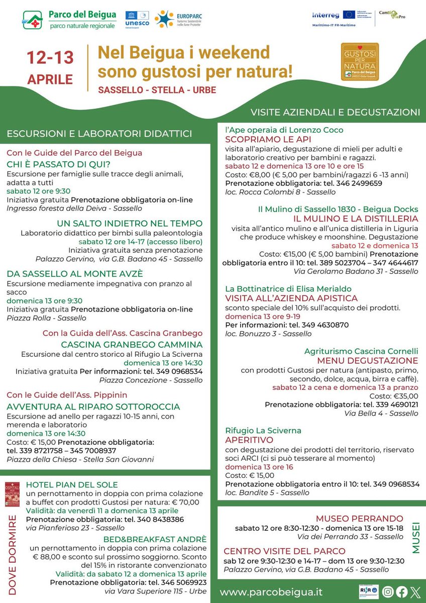 Che ne dite di tre weekend #GustosiperNatura? Iniziamo ad aprile, dal 12 al 13 con un programma fitto fitto di cose da fare: escursioni, degustazioni, visite aziendali e ai musei, laboratori e proposte di soggiorno.
 Programma completo ➡️ parcobeigua.it/man_dettaglio.…