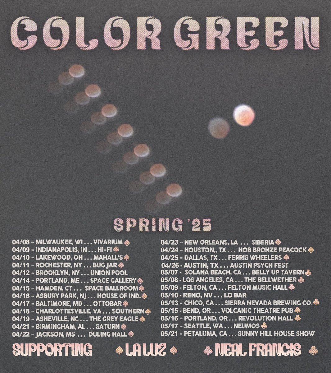 Hitting this road this April and may ☮️ select dates with <a href="/laluzers/">La Luz</a> and <a href="/thenealfrancis/">Neal Francis</a> all tickets @ colorgreenband.com
